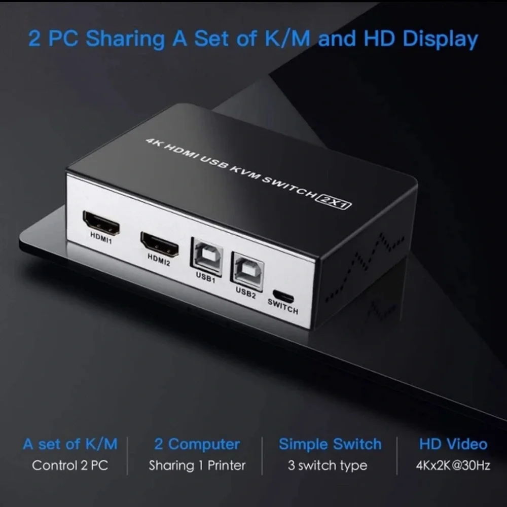 4K 2X1 HDMI USB KVM Switch 2 Port HDMI KVM Selector for 2 Computer Sharing New